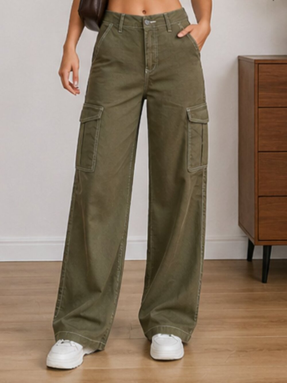 Olive Green Cargo Pants Wide Leg High Waist Utility Stitch Detail